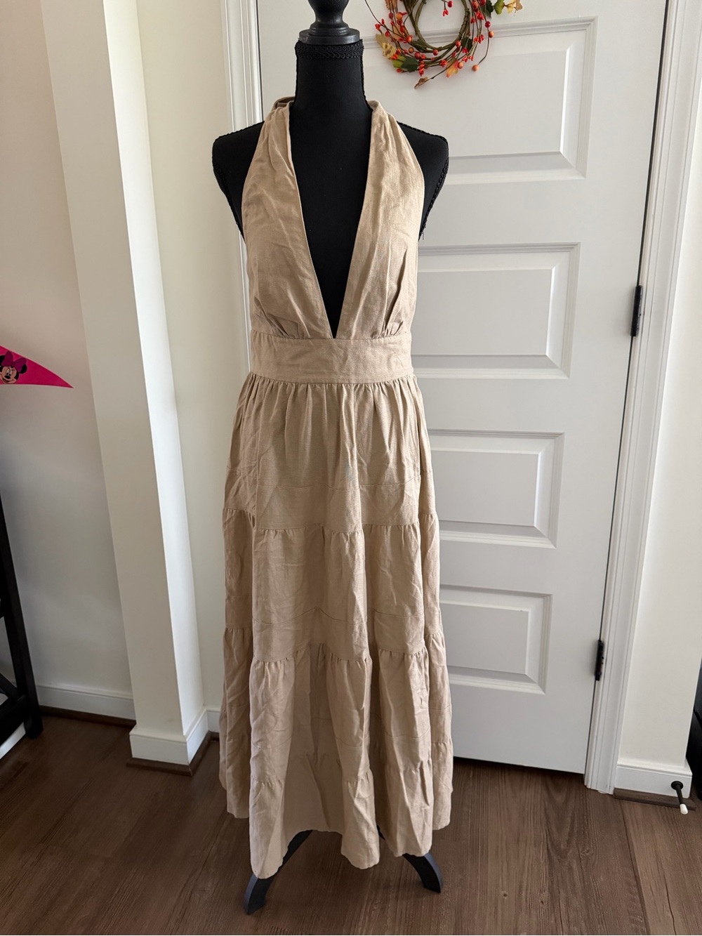 House of Harlow 1960 Linen Halter Tiered Maxi Dress Beige S